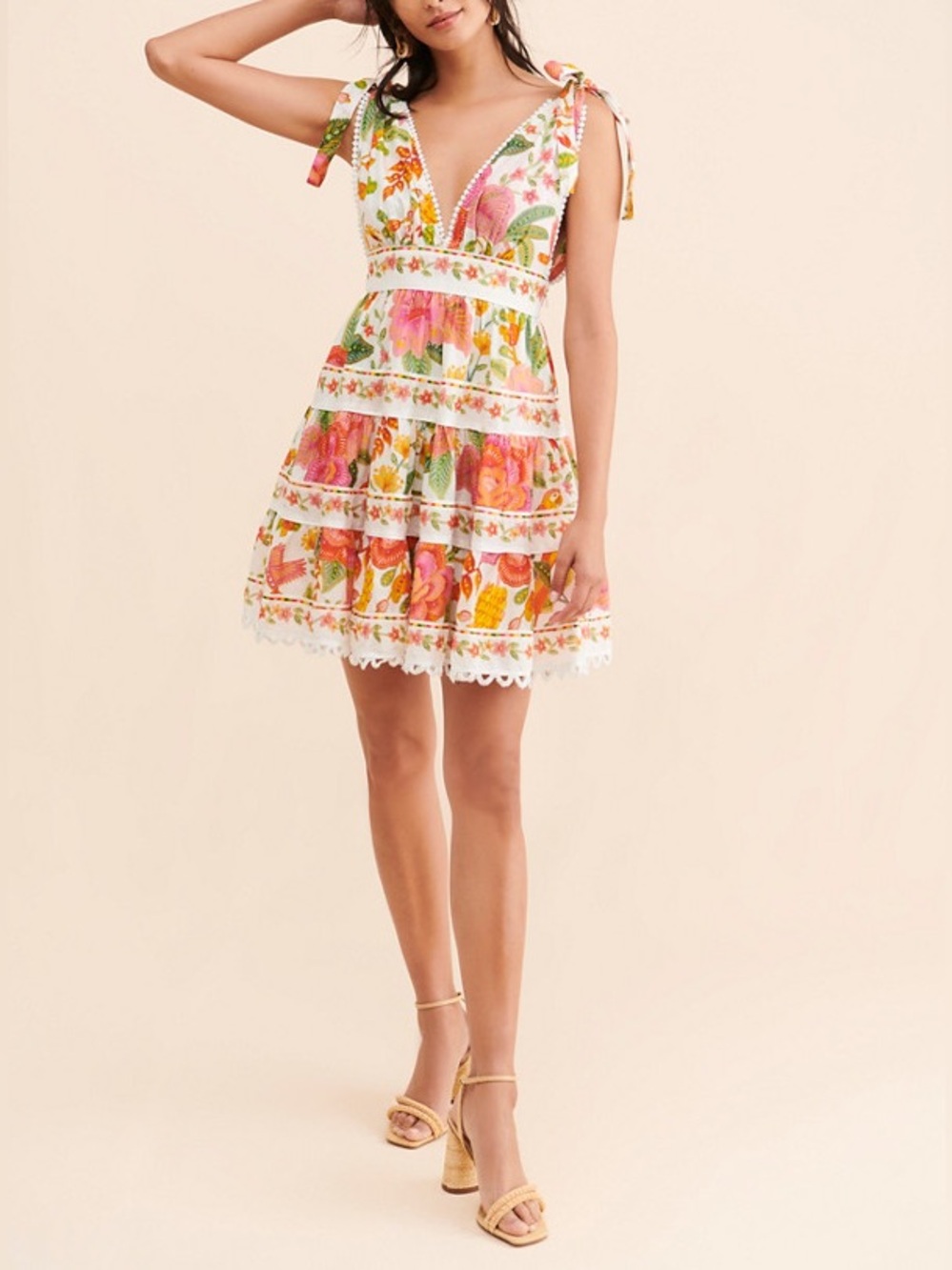 FARM Rio Macaw Bloom Tie-Strap Tiered Floral Print Mini Dress Size M - Picture 8 of 12